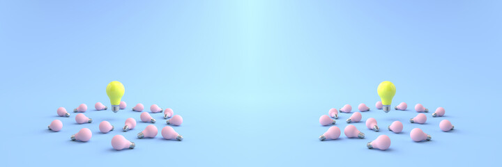 3D rendering of The yellow energy-saving lamp is floating on a pink light bulb placed on a pastel blue floor. and the blue background. concept for new ideas and Outstanding idea, illustration.