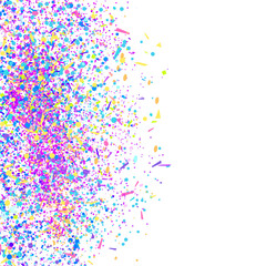 Multicolored confetti on white. Geometrical background with glitters. Pattern for design. Template for flyers, posters, banners and textiles. Greeting cards. Luxury texture