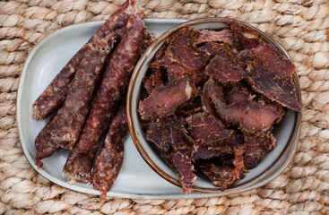 traditional South African Cured meat snacks, Biltong and dry wors