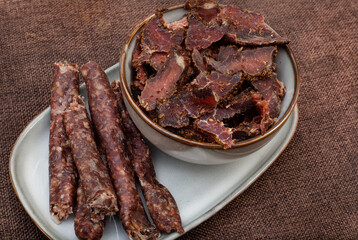 traditional South African Cured meat snacks, Biltong and dry wors