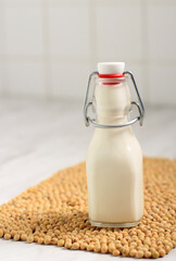 Soy Milk in Bottle and Soy Bean in A Bowl. Healthy Concept for non Dairy Milk