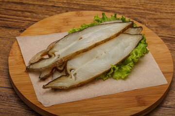 Delicous smoked halibut slices snack
