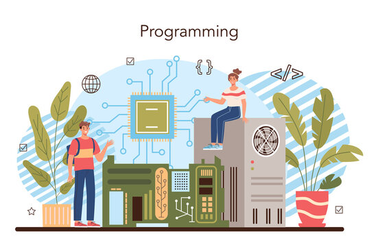 IT education concept. Student write software and create code