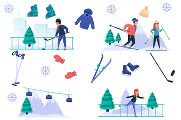 Winter sports isolated elements set. Bundle of men and women skiing, skating, playing hockey, funicular works, equipment for activities. Creator kit for vector illustration in flat cartoon design