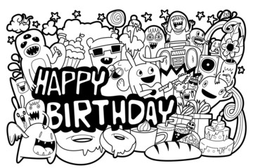Many monsters, various coloring book, doodle Come to bless on the birthday Colorful, fun. It is an illustration, greeting card. And various things.