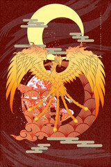 Abstract Japanese Art  Phoenix Floating on Cloud, Torii Gate, Curvy Cloud and Crescent Moon Behind on Leave Repeat Pattern Background with Stroked Lines and Horizontal Cloud Vector Graphics