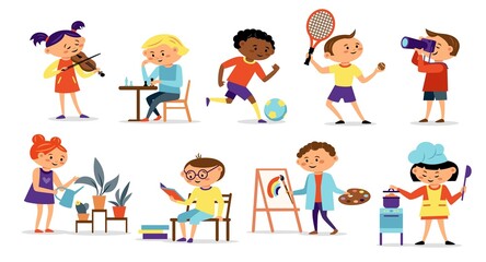 Children different hobbies icon collection with painting, cooking, sport, music, isolated on white background. Child hobby concept. Vector flat illustration. Design for card, infographic, web site