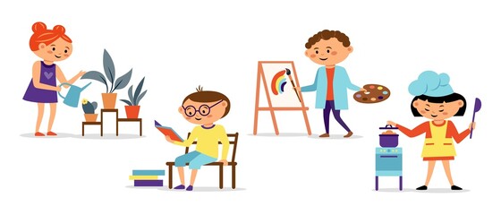 Children different hobbies icon collection with painting, cooking, reading isolated on white background. Child hobby concept. Vector flat illustration. Design for card, infographic, web site