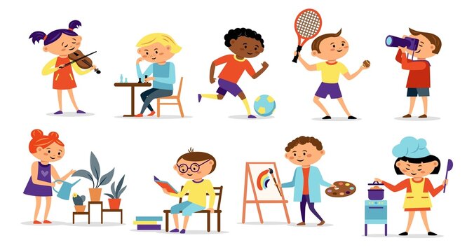 Children different hobbies icon collection with painting, cooking, sport, music, isolated on white background. Child hobby concept. Vector flat illustration. Design for card, infographic, web site