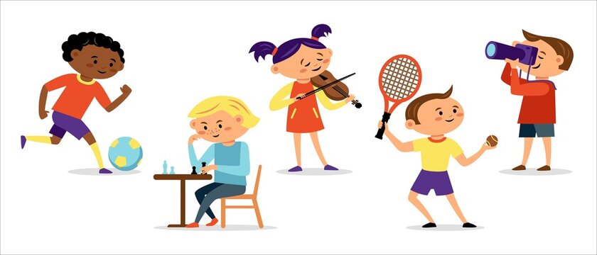 Children different hobbies icon collection with painting, cooking, sport isolated on white background. Child hobby concept. Vector flat illustration. Design for card, infographic, web site