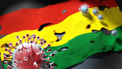 Covid in Bolivia - coronavirus attacking a national flag of Bolivia as a symbol of a fight and struggle with the virus pandemic in this country, 3d illustration