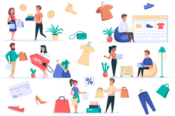 Shopping people isolated elements set. Bundle of customers buy online or store, clothes sale, payment for purchases in cash or credit card. Creator kit for vector illustration in flat cartoon design