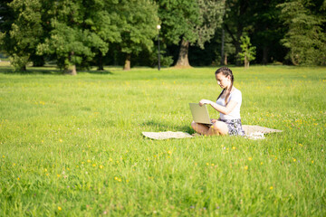 Naklejka na ściany i meble Woman person business nature outside with online technology. Computer outdoor. Student girl working on laptop, tablet in summer park. Escaped of office distance education concept.