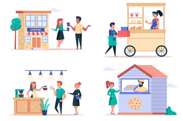 Street food shop isolated elements set. Bundle of people buy drinks in coffee shop, kiosks with desserts, pizza in pizzeria restaurant. Creator kit for vector illustration in flat cartoon design