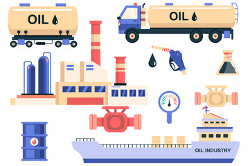 Oil industry isolated elements set. Bundle of oil tanker, storage and transportation in ship, refueling, production plant, barrel and other. Creator kit for vector illustration in flat cartoon design