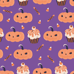 Naklejka premium Halloween pumpkin jack and creepy cupcake seamless pattern. Cute spooky desserts print design with candy corn. Vector textile wallpaper in doodle flat cartoon style. Scary holiday, purple background