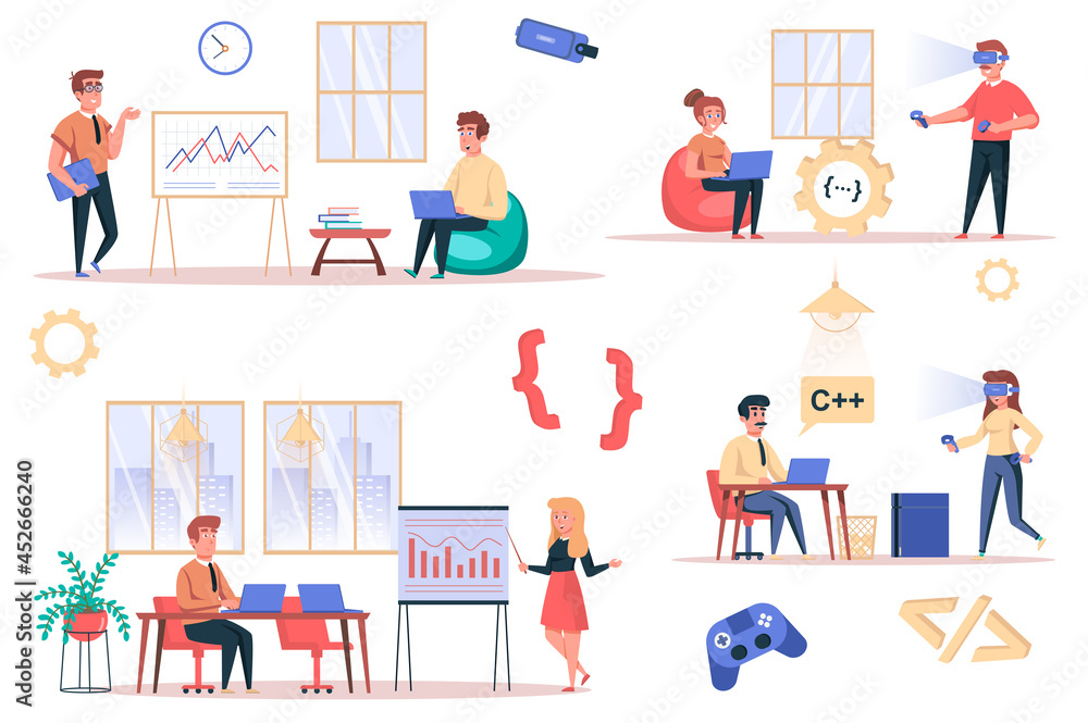Leinwandbilder Game developer working isolated elements set. Bundle of employees analyze data, programmers write code, work on projects, gaming industry. Creator kit for vector illustration in flat cartoon design