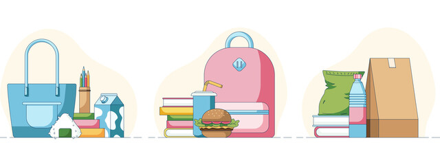 Set of a school lunch fastfood sushi and chips in front of a books and school bags. Vector illustration