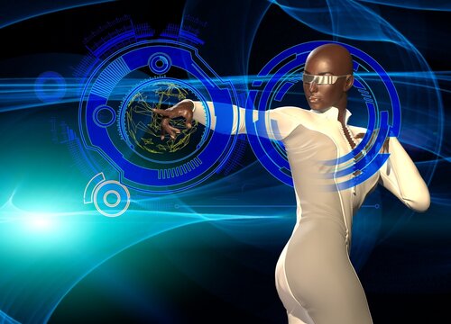 Woman using VR headset, illustration