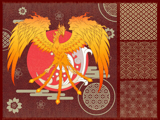 Abstract Art Japanese Flying Phoenix with Repeat Wave, Flower Pattern, Vector Graphics Ornaments With Traditional Motives, Red Sun, Golden Simple Clouds Template Design for Wrapping Paper