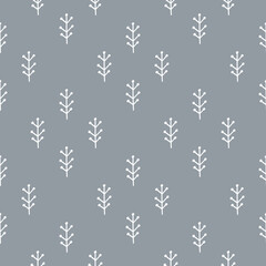 Stylised branches on gray-blue background. Vector seamless pattern with doodle plants. Xmas design. Hand drawn backdrop for textile, wrapping paper, background flat design.