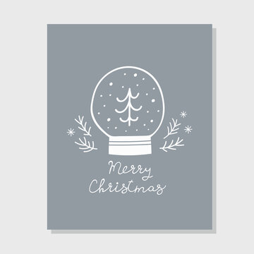 Greeting card with Christmas glass ball. Doodle vector illustration isolated on blue background. Hand-drawn lettering "Merry Christmas". Simple flat image for Xmas postcard, invitation, poster, tag.