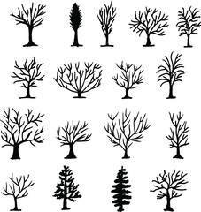 Vector simple doodle set of trees. Drawing of different trees and bushes.