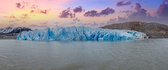 Panoramic view over Lago Grey and the edge of the Grey Glacier in Torres del Paine National Park in...