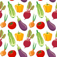 seamless pattern of different vegetables. Vegan healthy food. Harvest organic healthy food. Vector background
