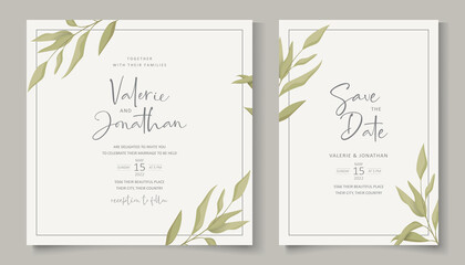 Wedding invitation template with green leaf design