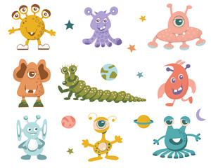 Set of alien cute monsters. Vector flat illustration