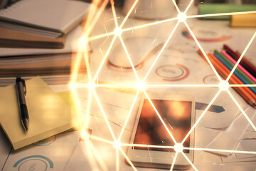 Double exposure of social network theme drawing and cell phone background. Concept of people connection over the world