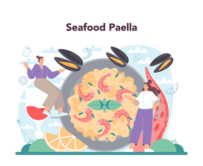Paella concept. Spanish traditional dish with seafood and rice on a plate