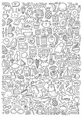 Big coloring page in doodle style. Cute cartoon lifestyle coloring page. Abstract design and Hand drawn elements - unicorn, stars, space, planet, heart, mermaid, clouds, cat, flowers, hand, rainbow