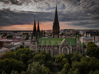 Cathedral in the sunset, Lviv, Ukraine. Church of Sts. Olha and Elizabeth, Lviv