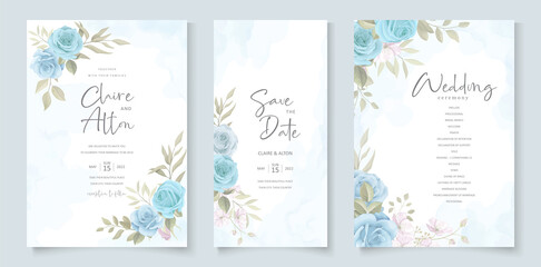 Fototapeta na wymiar Wedding invitation template with blue floral design