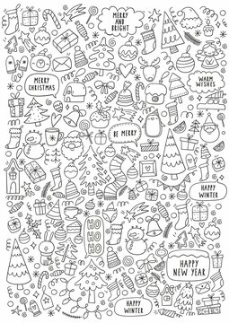 Merry Christmas and Happy New Year big coloring page in doodle style. Cute cartoon winter holidays hand drawn elements - vector set