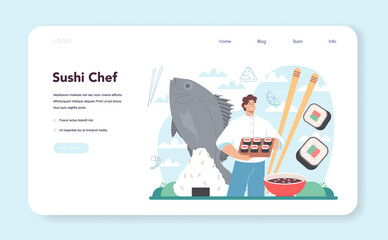 Sushi chef web banner or landing page. Restaurant chef cooking rolls