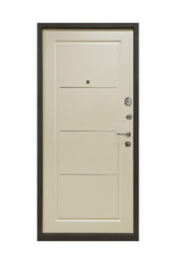 Solid beige metal front door with modern geometric design and metal handle isolated on white background