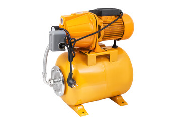Modern electric automatic garden water pump supply for house and field isolated on white background. Orange  garden water pump 