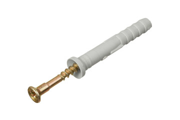 Long metal nail with plastic dowel for construction works isolated on white background