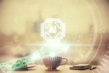 Double exposure of Ai data theme drawing over coffee cup background in office.