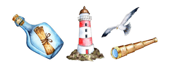 Watercolor painting A bottle of invocation, a lighthouse, a seagull and a telescope. Naval support, sailor property. Collection of marine adventures. Isolated over white background. Drawn by hand. - obrazy, fototapety, plakaty