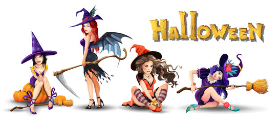 Halloween set with beautiful witches. Collection of different cute beautiful witches. Girl is sitting, resting, thinking, smiling. Isolated vector illustration in cartoon style