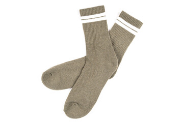 Pair of gray warm socks isolated on white, top view