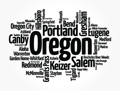 List of cities in Oregon USA state, word cloud concept background