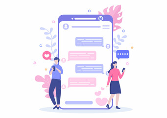 Dating App For a Couple With Male and Female in Smartphone If Match Become Love or Relationships. Background Flat Design Vector Illustration