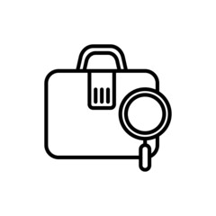Baggage examination thin line icon. Customs inspection of baggage. Modern vector illustration of suitcase with magnifying glass.