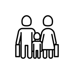 Migrants thin line icon, family with child and suitcases. Modern vector illustration.