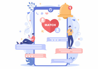 Dating App For a Couple With Male and Female in Smartphone If Match Become Love or Relationships. Background Flat Design Vector Illustration